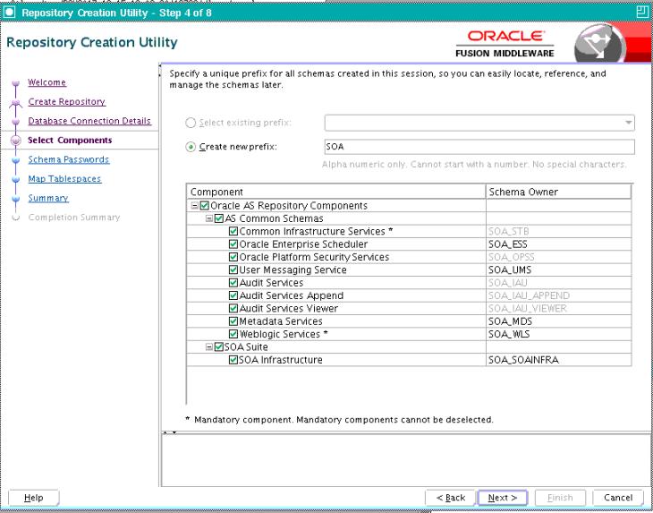7. On Select components a) Create a new Prefix : SOA b) Component: Oracle AS Repository Components Note: After you select the Oracle AS Repository Components check box, the entries are expanded,