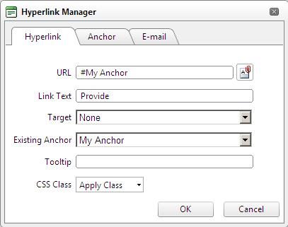 5. You can now create a link to this anchor by selecting it in the Hyperlink Manager dialog box. Creating e-mail links You can also use the Hyperlink Manager to create e-mail links.