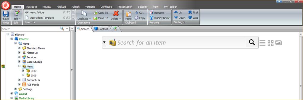 tab in the editing pane. On the Search tab, you can search through all the items in an item bucket, whether they are hidden items (bucketable) or normal content items.