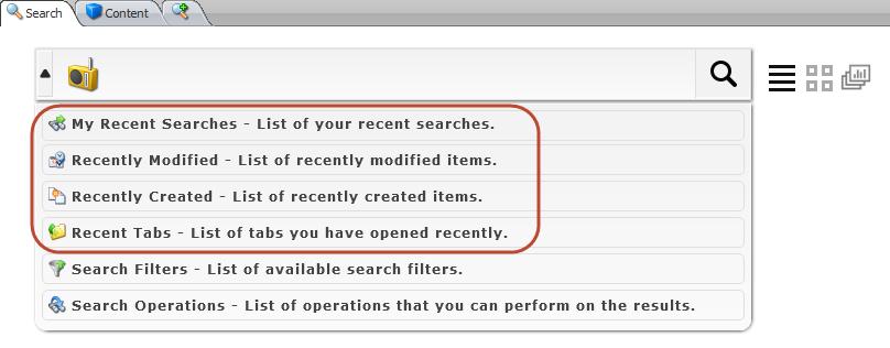7.3 Pre-defined Search Options To ease the everyday work in Sitecore, the search functionality collects information on your recent search activity and which items have been created or modified