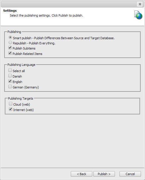 2. In the Publish Item Wizard, on the Settings page, specify the publishing mode: Smart Publish publishes the selected item if it has changed since the last publication.