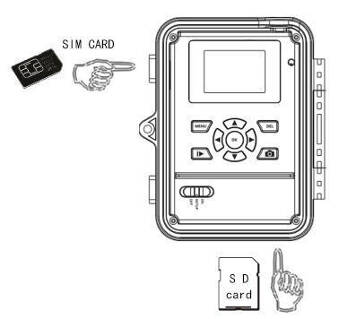 Insert a SD card and a SIM card into the camera. 2.