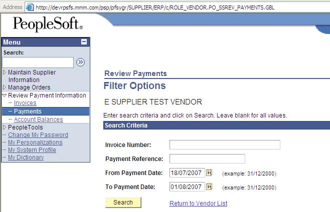 The Filter Options page allows you to search for payments.