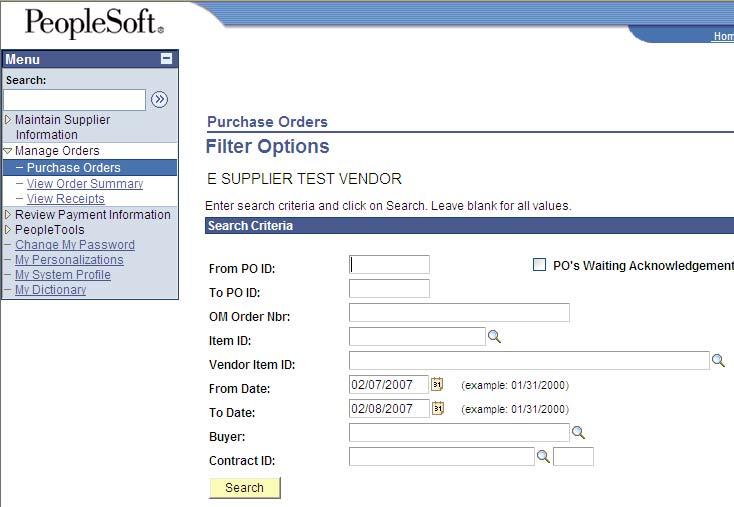 The Purchase Orders Filter Options page now appears, allowing you to search for and view 3M purchase orders.