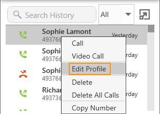 Or right-click on a call history entry and click Edit Profile The Contact Profile window opens. Edit any of the fields that need to be changed.