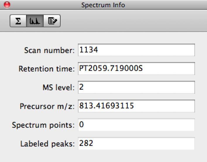 Spectrum Info In the Spectrum Info part of Document Info panel you can specify Scan number, Retention time, MS level and Precursor m/z.