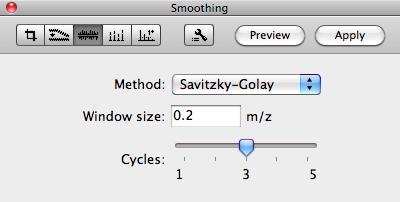 5.3. Smoothing You can use this function to smooth the noise which distorts peak shape. There are two different smoothing Methods available - Moving Average and Savitzky-Golay.