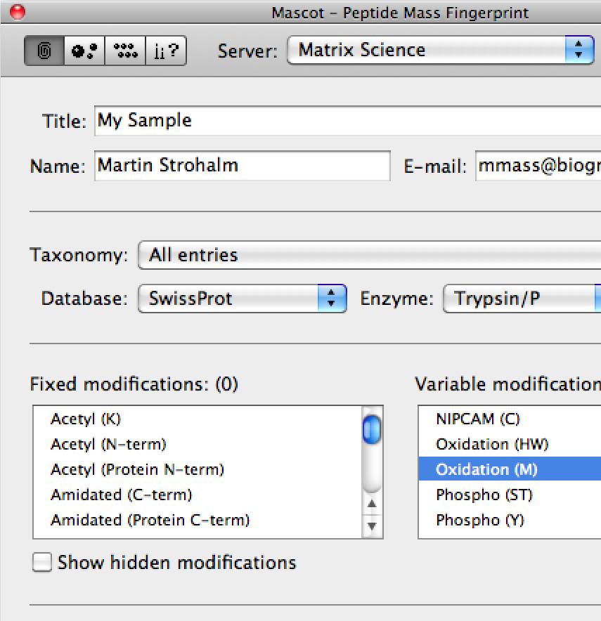 10.Mascot Search mmass provides an interface that allows data to be directly sent to the three main tools available on Mascot website (http://www.matrixscience.