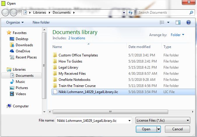 Activating Legal Library License After you have saved your License File open up a new word document and select the Legal Library.