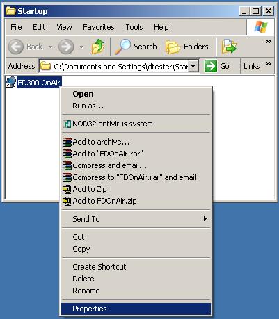 Figure 60. The FDOnAir unattended startup setting 3. Open the shortcut context menu and select the Properties item (Figure 60).