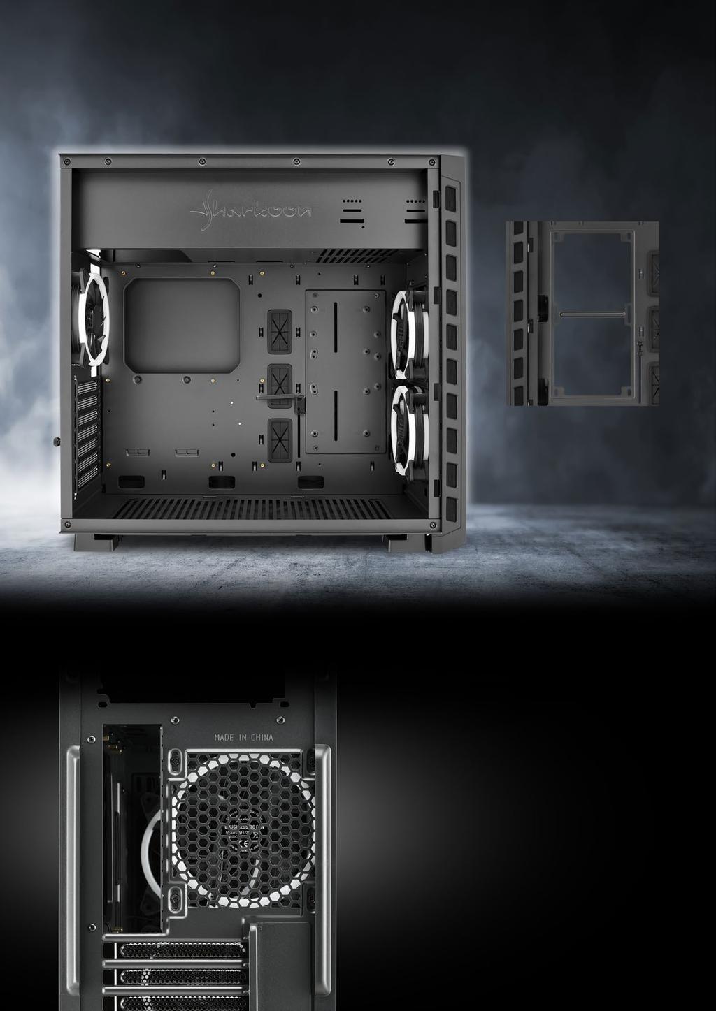 Diverse Airflow Setups Side Panel If the HDD/SDD mounting cover is removed, up to two 120 mm fans or one 240 mm radiator can be installed.