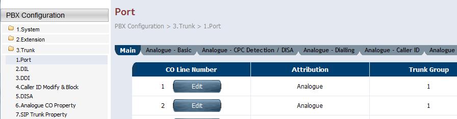 (3) Trunk Port Attribution Select [PBX Configuration] - [3.