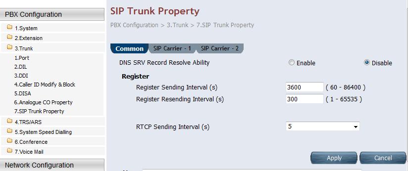 (4) Provisioning the SIP Trunk SIP Trunk Property - Common Select [PBX Configuration] - [3.Trunk] - [7. SIP Trunk Property] - [Common] 1.