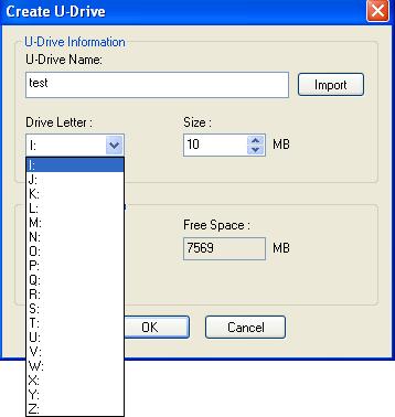 1.2 Create 1. Press the button Create 2. Set your Name. 3. Choose your selected drive (Max.23 drives) and set the space (Min.10 MB).