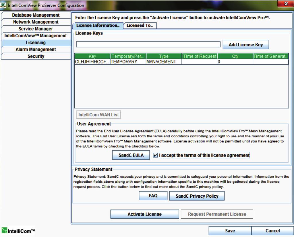 Window for entering the first license key. STEP 14. Click on the SandC EULA button to review the license.