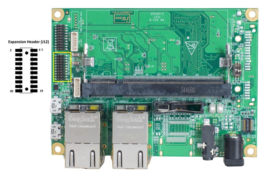 2.8 Expansion Header i.mx6ul SODIMM Carrier Board has one 20pin Expansion Header (J12) for unused interfaces expansion. Here unused interfaces means, Interfaces which are supported in i.
