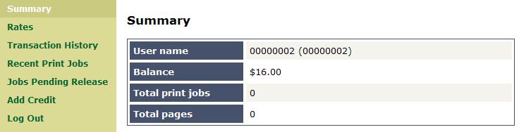 then see the Summary page which shows your balance, Total print jobs, Total