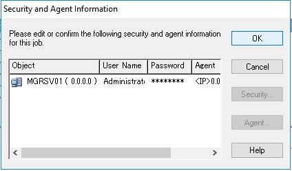 The Security and Agent Information screen is displayed. Click the OK button. The Submit Job screen is displayed.