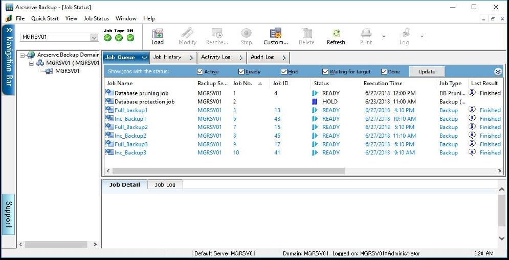 3.4.1.4. Verification of the Backup Results Check the result of the jobs set in the backup job settings of Arcserve Backup. Select the Job Status menu to display the Job Status screen.