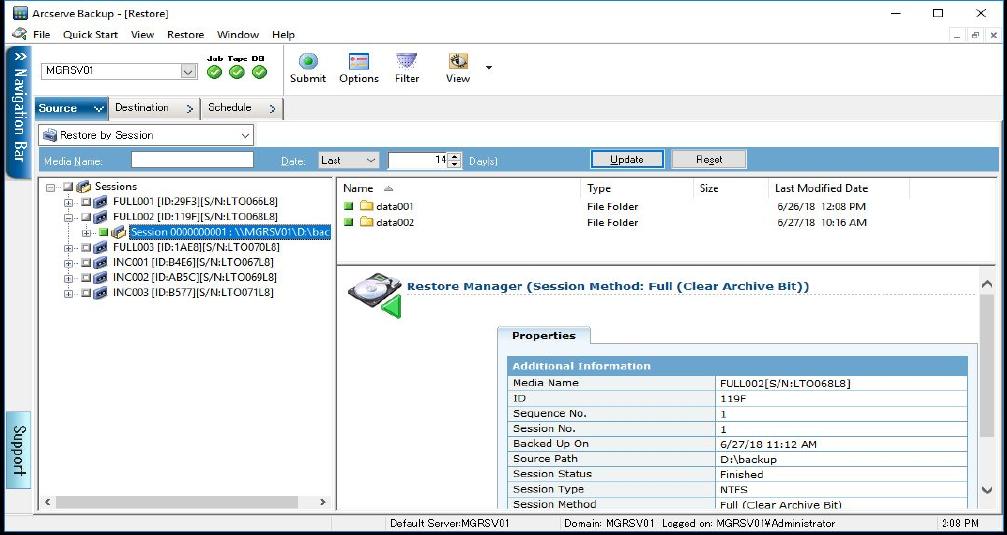 Arcserve Backup will set the restore job according to the navigation on the Restore Manager screen and then execute a restore.