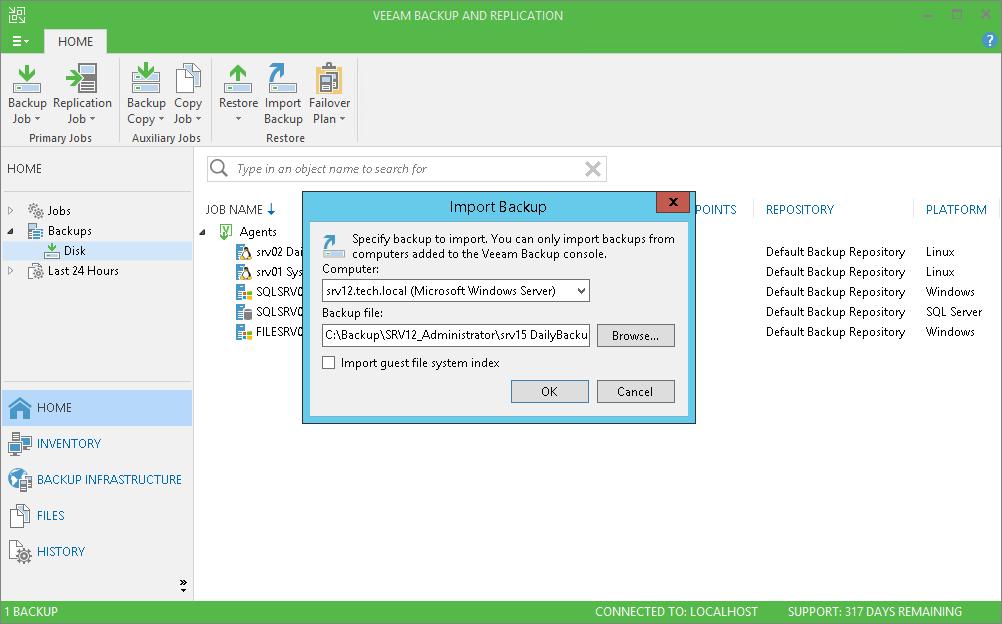To import a Veeam Agent for Linux backup: 1. In Veeam Backup & Replication, click Import Backup on the Home tab. 2.