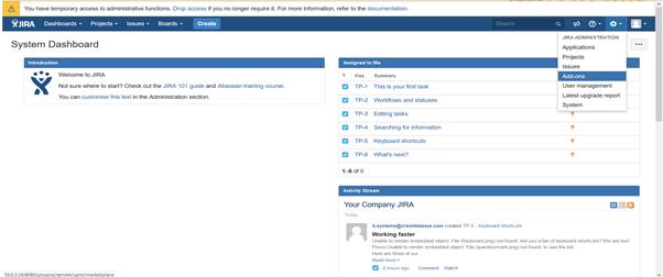 Installation Before you begin You must have administrative access privileges. To install Tenable.io for JIRA: 1. Log in to JIRA. 2. Click Settings > Add-ons. 3.