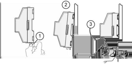 Mounting on the DIN Rail 1. Pull the controller s locking clip down. Figure 3: Fastening to the Rail 2. Tilt the module to hook over the DIN rail. 3. Push down and in on the unit, fastening it to the rail.