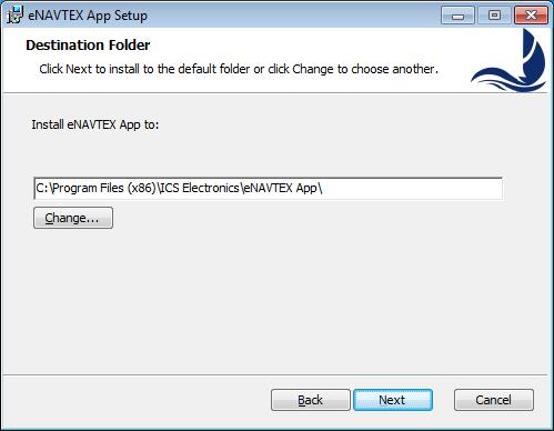 The Destination Folder page should be displayed. The enavtex App program files will be installed in the destination folder.