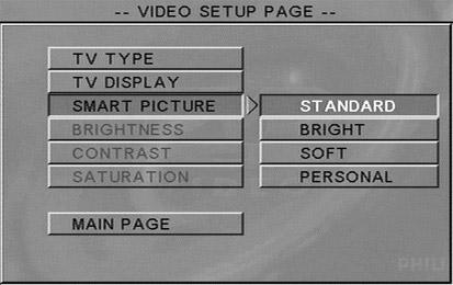 Smart Picture In this menu, you can choose a picture setting from a fixed set of ideal predefined picture settings. 1 Press 34 to highlight TV Display. 2 Enter its submenu by pressing 2.