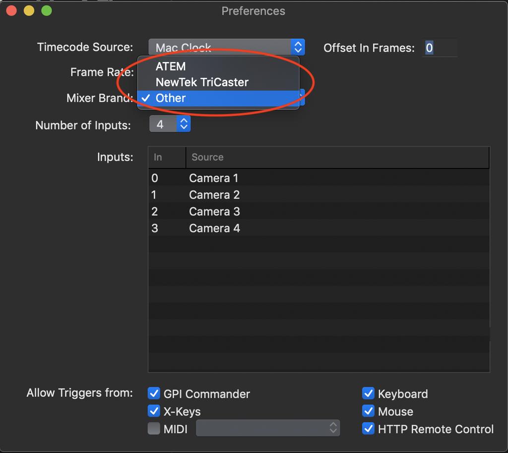 Select the switcher to be used Once you have setup your timecode source, you will need to configure how you connect to your production switcher to retrieve information when the director takes an