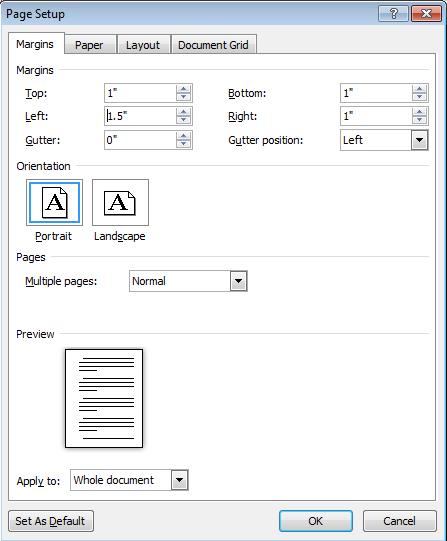 SETTING MARGINS Graduate School guidelines require a 1 margin on all sides. 1. On the Page Layout Ribbon, in the Page Setup Group, click on the arrow below the Margins options and select Custom Margins.