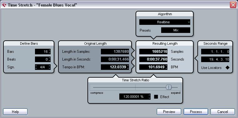 Option Merge Subtract Time Stretch This function allows you to change the length and tempo of the selected audio without affecting the pitch.