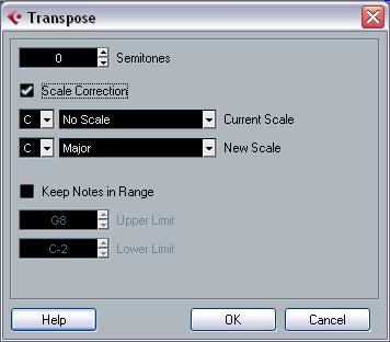 Transpose The Transpose item on the MIDI menu opens a dialog with settings for transposing the selected notes. OK and Cancel Clicking OK performs the transposition.