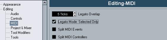Other MIDI functions The following items can be found on the Functions submenu of the MIDI menu: Legato Extends each selected note so that it reaches the next note.