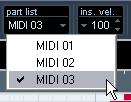 Handling several parts When you open a MIDI editor with several parts (or a MIDI track containing several parts) selected, you might find it somewhat hard to get an overview of the different parts