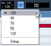 Setting velocity values When you draw notes in the Key Editor, the notes will get the velocity value set in the insert velocity field on the toolbar.