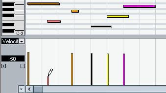 Editing velocity values When Velocity is selected, the lane shows the velocity of each note as a vertical bar.