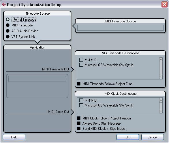 Setting Up 1. Connect the desired MIDI Outputs from Cubase LE to the device(s) that you plan to synchronize. 2. Open the Project Synchronization Setup dialog from the Transport menu.