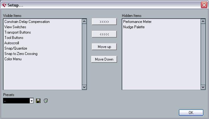 Setup dialog, where you can configure which items of the respective window area or panel are to be shown or hidden and where they should be located see Using the Setup options on page 248.
