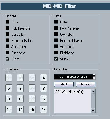Filtering MIDI Options and Settings USO RESTRITO The MIDI MIDI Filter page in the Preferences allows you to prevent certain MIDI messages from being recorded and/or thruput (echoed by the MIDI Thru