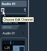 Open the Choose Edit Channel pop-up menu by clicking the arrow button to the left of the channel number at the top of the Fader view.