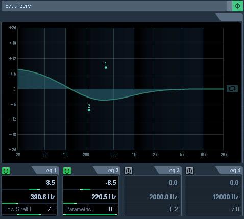 The Equalizers + Curve pane in the Channel Settings window consists of four EQ modules with parameter sliders, an EQ curve display and some additional functions at the top.