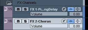 2. Select a channel configuration for the FX channel track. Normally, stereo is a good choice since most effect plug-ins have stereo outputs. 3. Select an effect for the FX channel track.