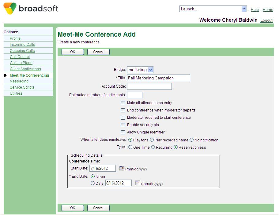User Meet-Me Conferencing Menu Page List and Delete Conferences Note that you can only delete conferences that you created.