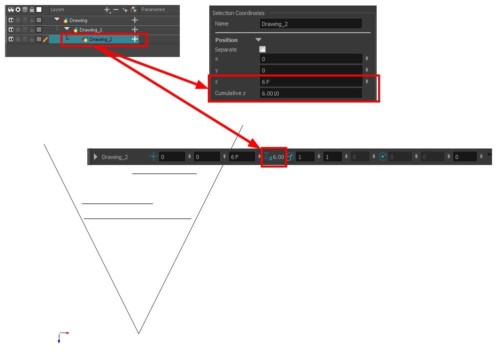 How to position an element in the Top and Side views NOTE: Before distributing layers along the Z-axis using the Top and Side views, deselect the No Z Dragging option by selecting Animation > No Z