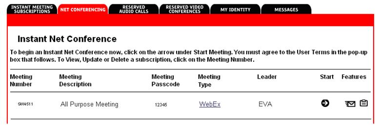 How to Start and Instant Net Conference Go to https://e-meetings.verizonbusiness.com Select the Manage My Meetings login link. Enter your login and password.