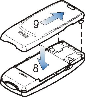 Replace the back cover: Insert the two catches of the back cover in the corresponding slots in the phone (8) and slide the cover towards the bottom of the phone until it locks into place