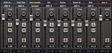 Mixer Color Coding Pic 13 (Color Coding) Blue: Direct or Close Mics Bronze: One-Shot samples Violet: Ambient Mics Pink: Aux Channels Mixer Routing Routing can be achieved manually, via selecting