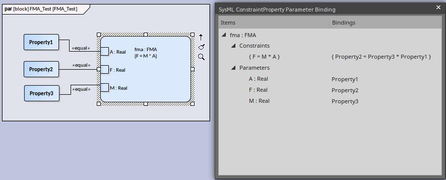 'SysML ConstraintProperty Parameter Binding' dialog. Click on the button in the same row as a parameter to open the 'Hierarchy Properties Picker' dialog; choose a property to bind to the parameter.