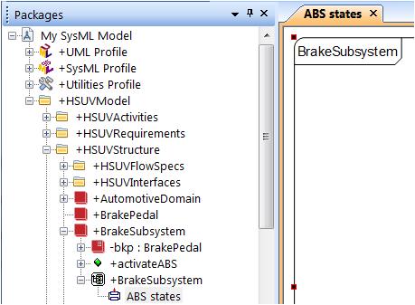Name the state machine 'BrakeSubsystem'. 4. Right-click on this state machine and select New State Diagram. Name the diagram 'ABS states'.